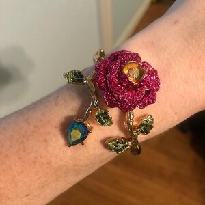 Betsey Johnson pink rose rhinestone bangle with green leaves and blue gemstone
